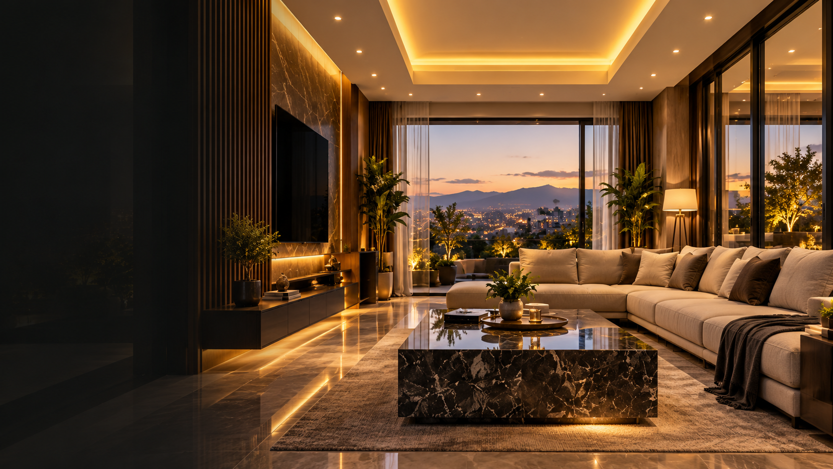 Sıcak ışıklı modern salon tadilatı